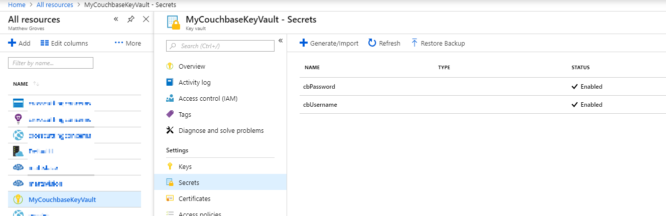 Azure Portal UI showing the Azure Key Vault