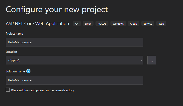 New project in Visual Studio