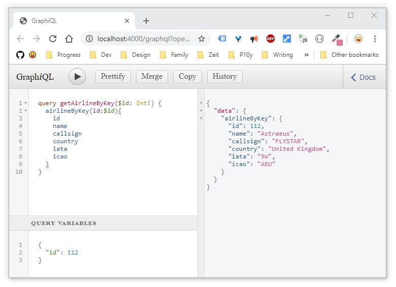 GraphQL with Express GraphiQL demo UK airline by key