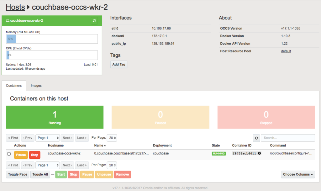 Oracle Cloud Containers Couchbase Host Details