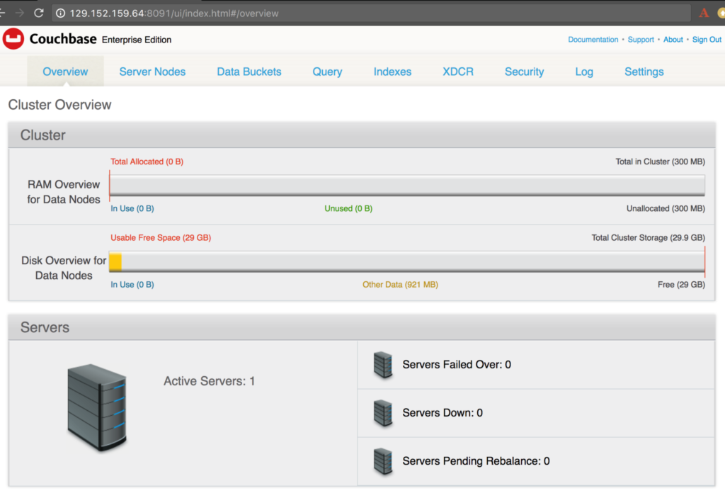 Oracle Cloud Couchbase Web Console Main Screen