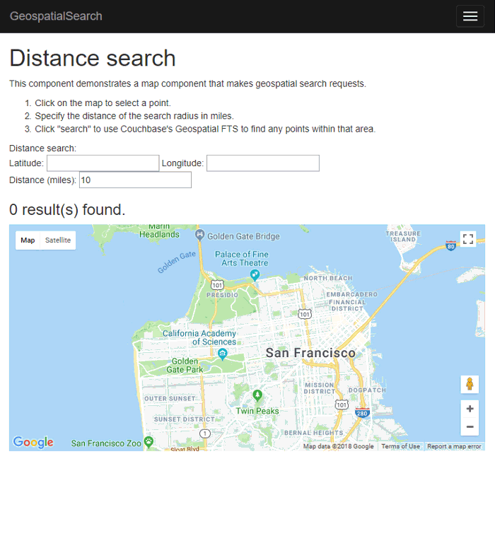 Geospatial distance point search query