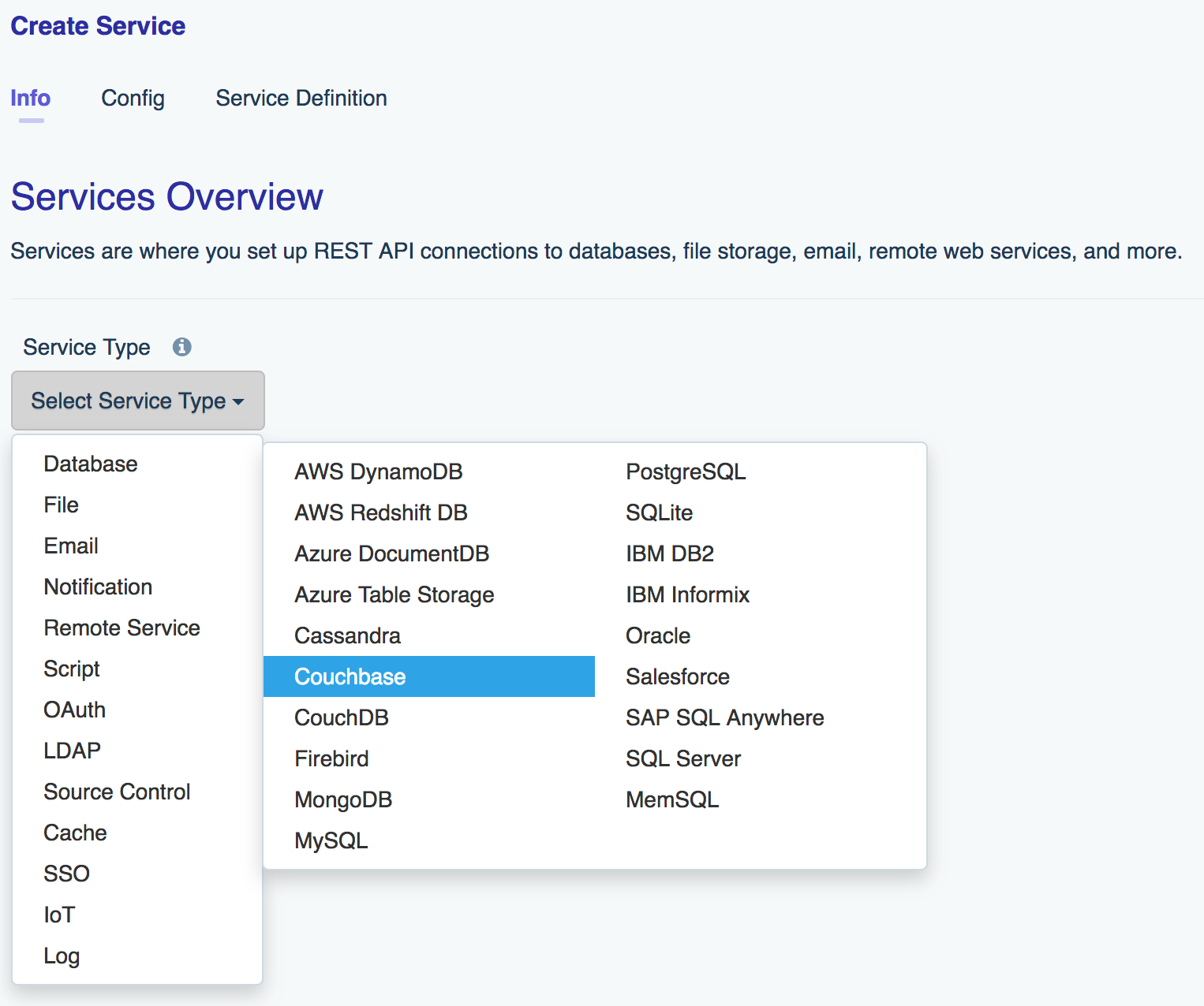 Select the Couchbase database service