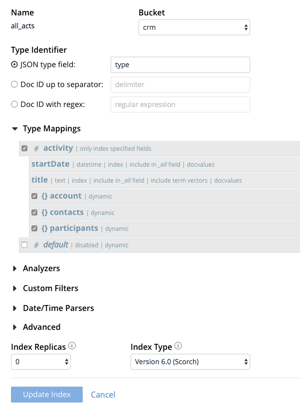 couchbase dialog for setting up a full text search index