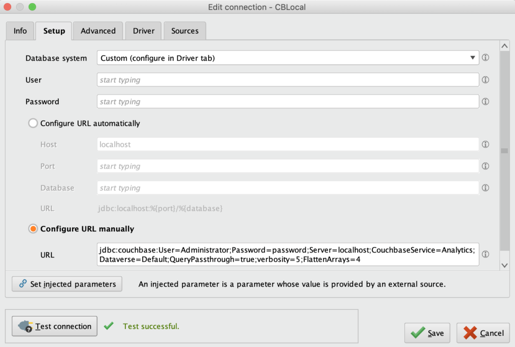 Setup RapidMiner Connection JDBC URL for Couchbase Analytics