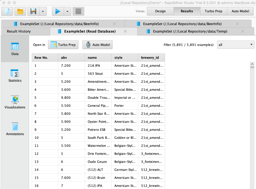 RapidMiner Results from Couchbase Analytics