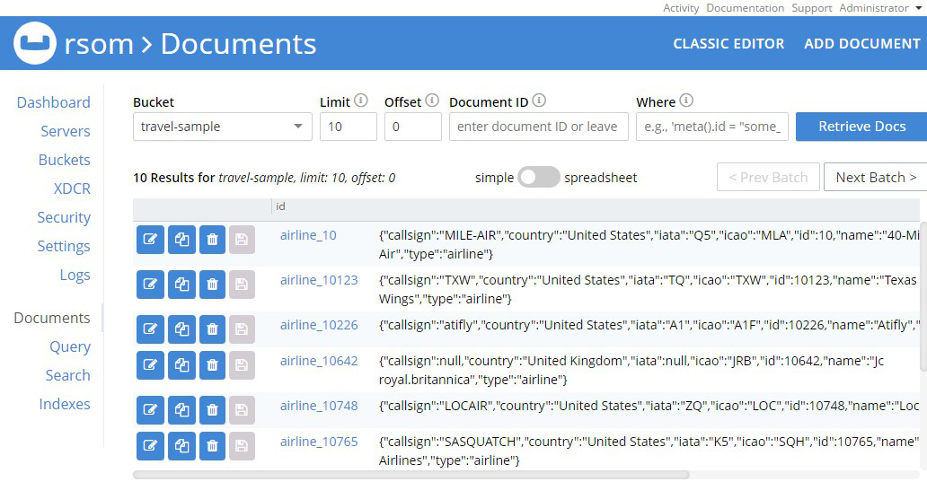 couchbase dashboard travel-sample document