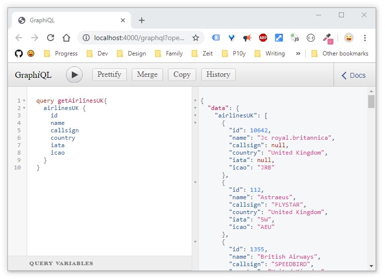 GraphQL with Express GraphiQL demo all UK airlines