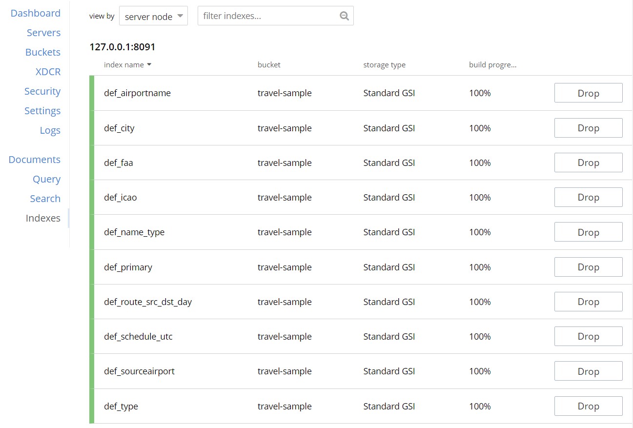 couchbase dashboard travel-sample indexes