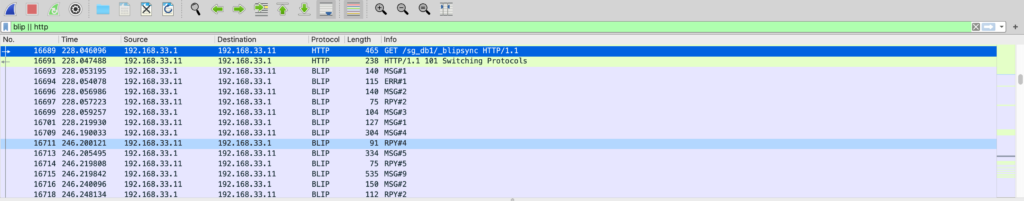 A wireshark trace filtered to BLIP and HTTP