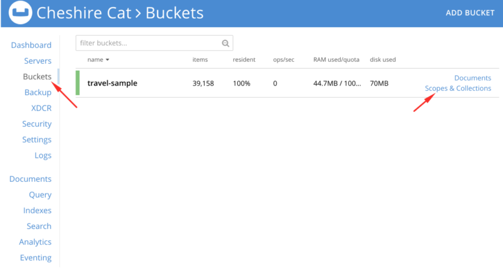 Screenshot of Couchbase Server 7.0 Buckets