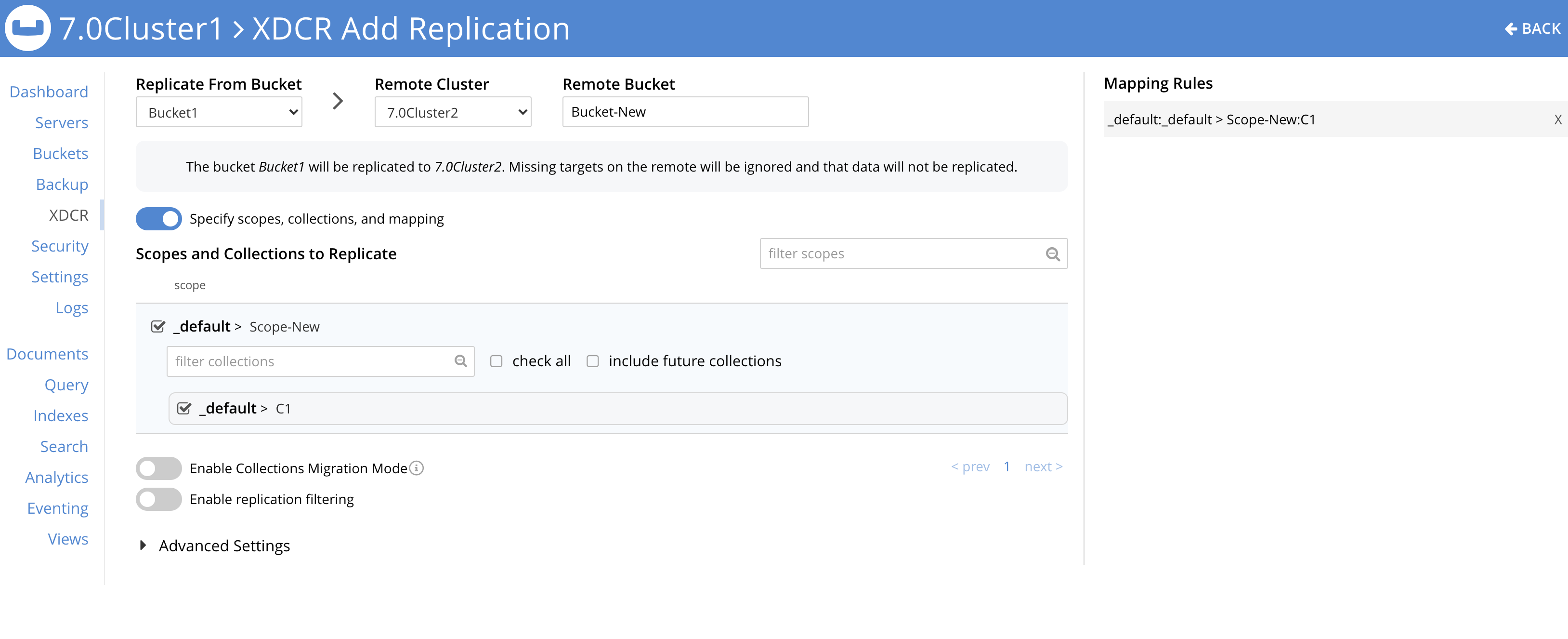 Using cross data center replication (XDCR) from the default Collection to a named Collection