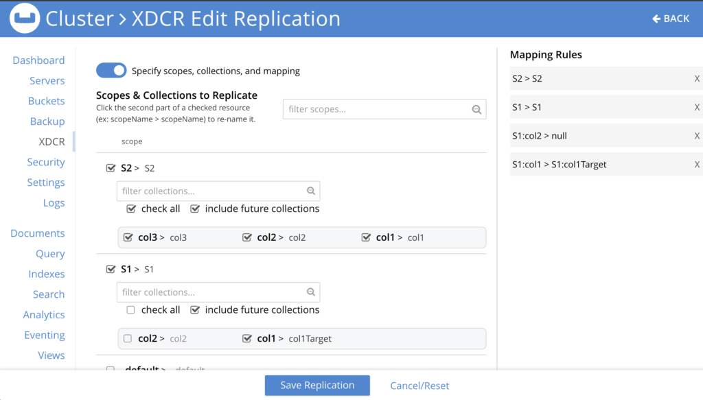 Cross Data Center Replication (XDCR) user interface for explicit mapping rules