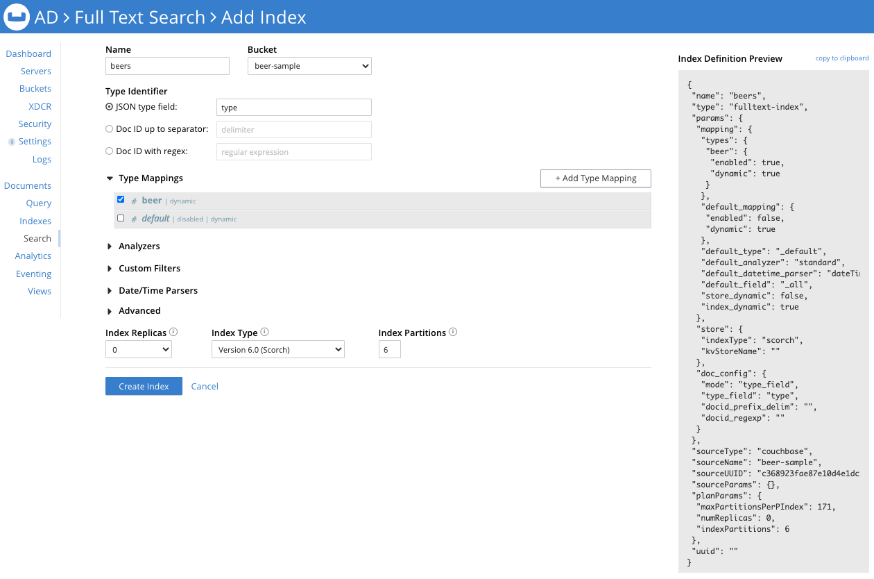 Couchbase full-text search index in version 6.6