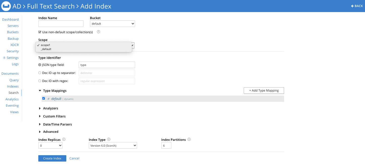 Select a Scope in Couchbase full-text index editor