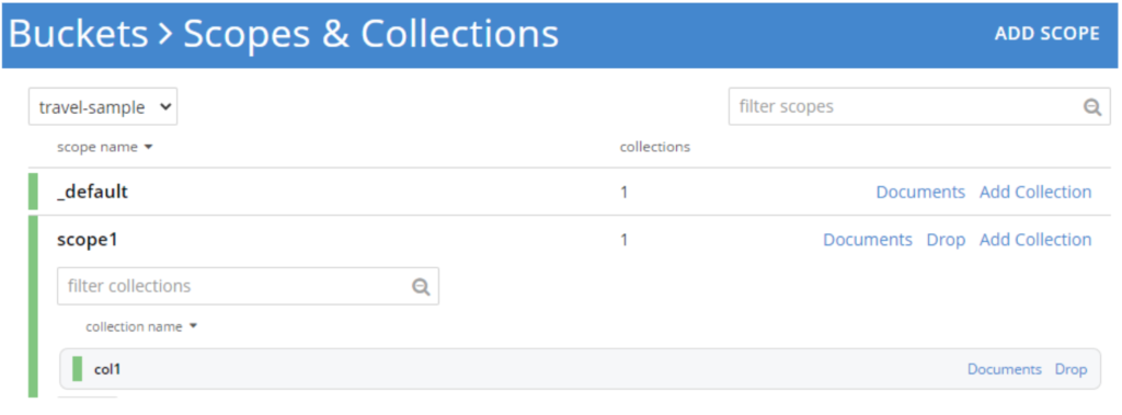 web console screen showing buckets settings for scopes and collections