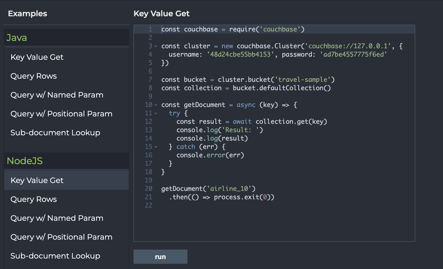 Screenshot of NodeJS "KV Get" code example