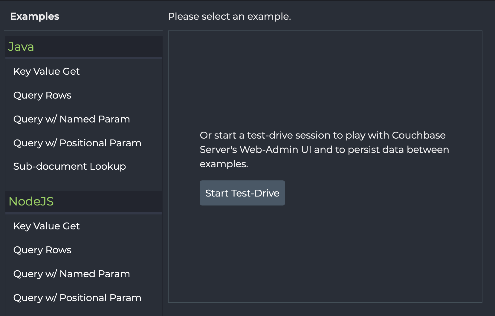 Screenshot of Start Test-Drive allowing for persistent data in session mode