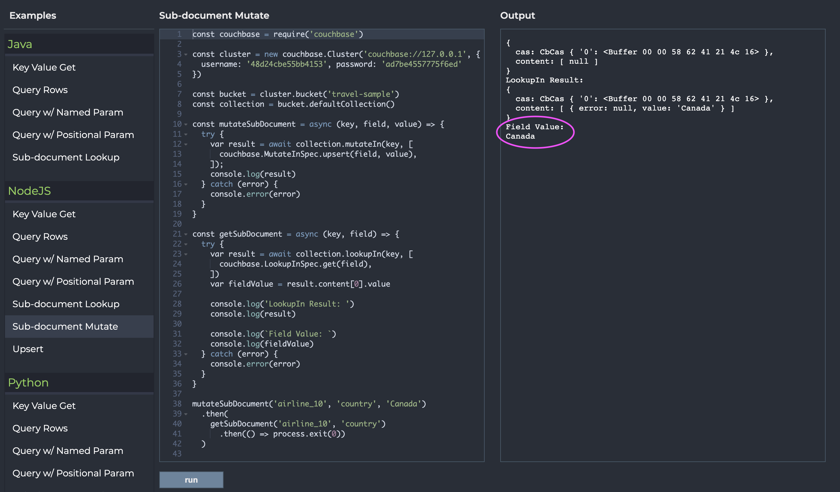 Screenshot of the result of our sub-document mutate code example