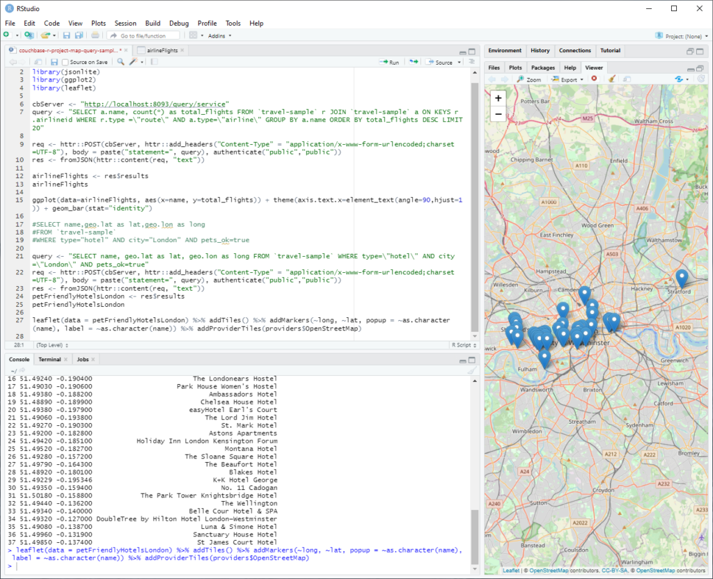 Couchbase R Programming SQL Query Mapping in Leaflet web map