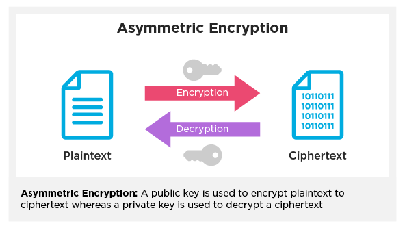 Two arrows pointing different directions and a key above each one, representing how asymmetric data encryption works