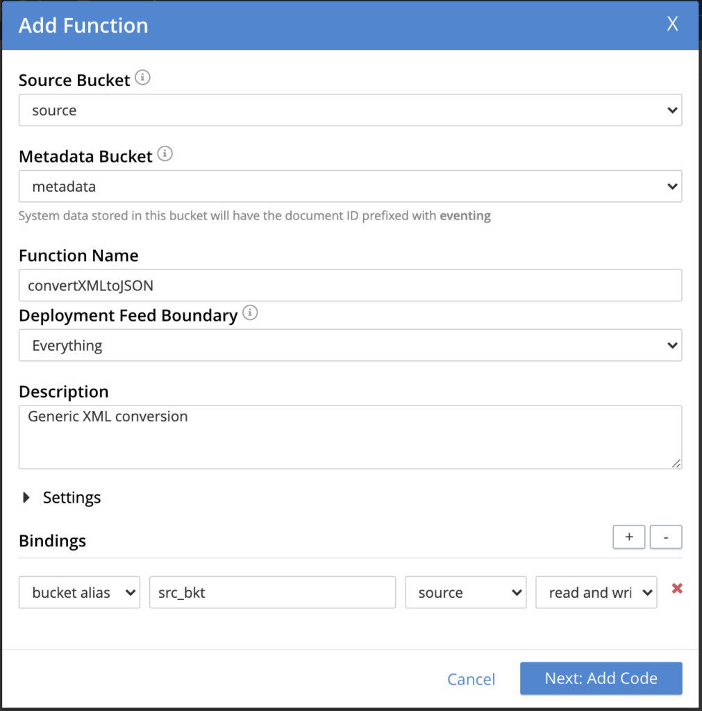 Couchbase add function dialogue box