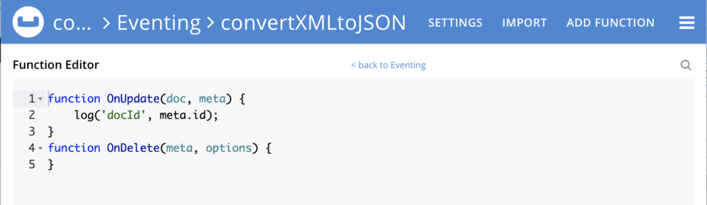 convert XML to JSON with Couchbase Eventing