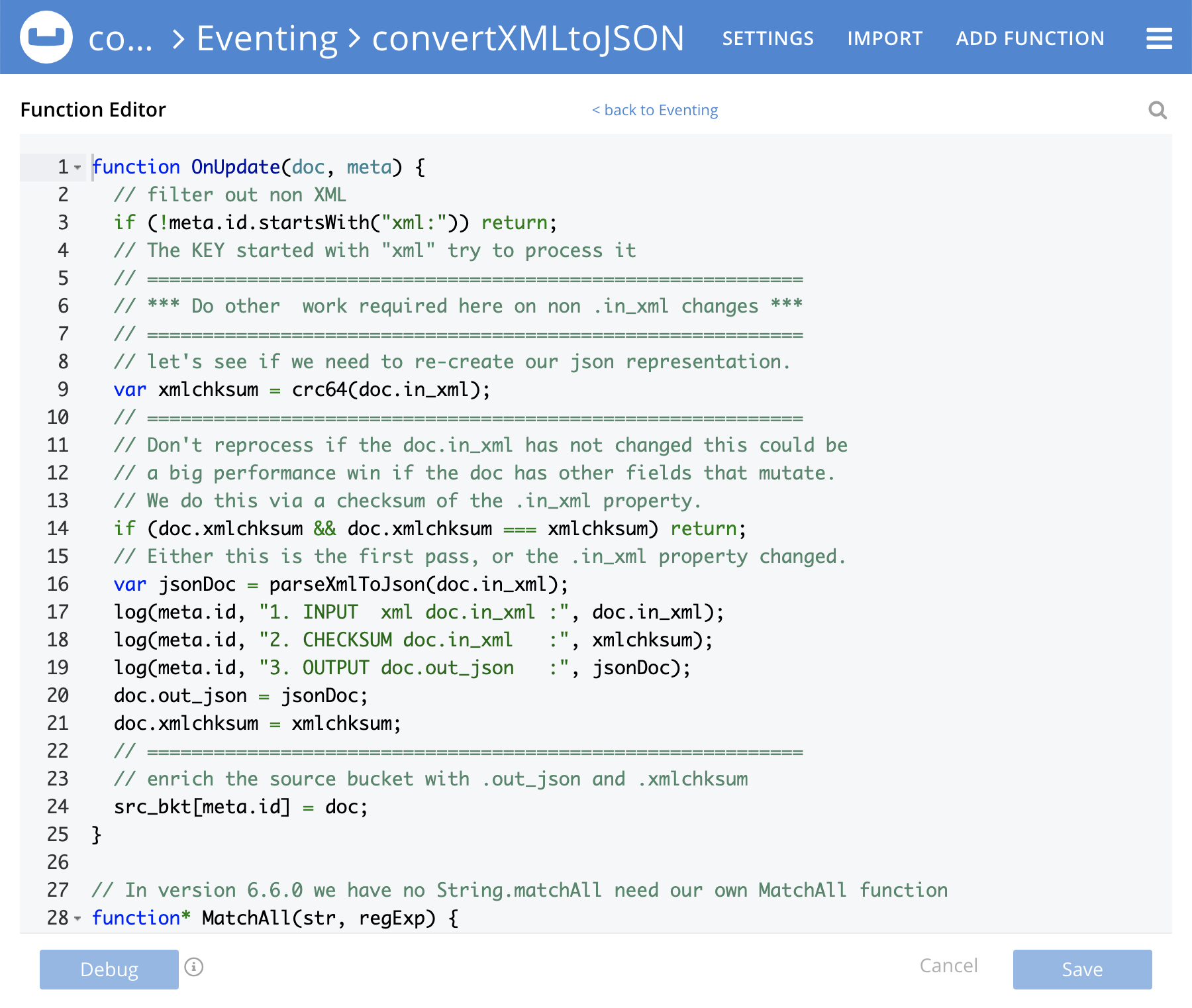 The function editor in Couchbase Eventing