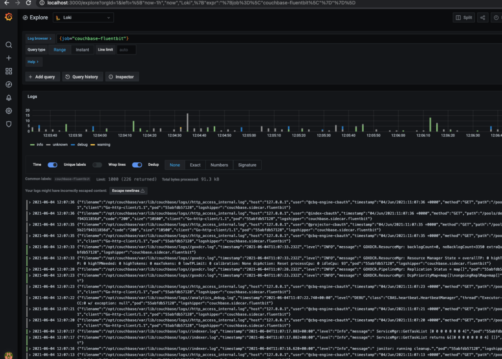 Database logs viewed in Loki and Grafana