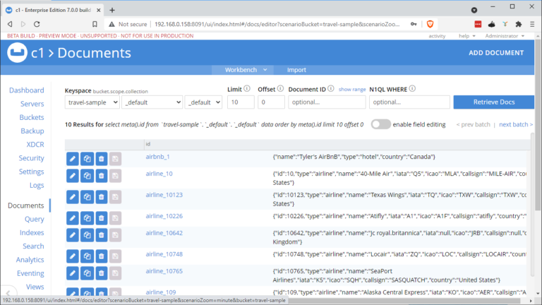 Couchbase web UI showing document viewer