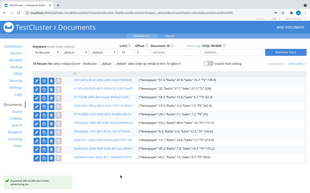 The documents menu in the Couchbase admin console