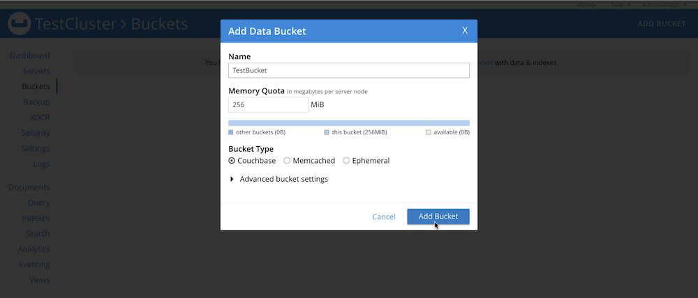 Add a bucket in the Couchbase cluster admin console