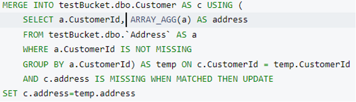 A N1QL statement to merge query addresses to customers in Couchbase