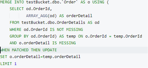 A N1QL merge statement with a limit clause and where clause subquery example