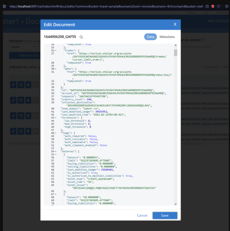 Sample Stellar account document open in Couchbase web console