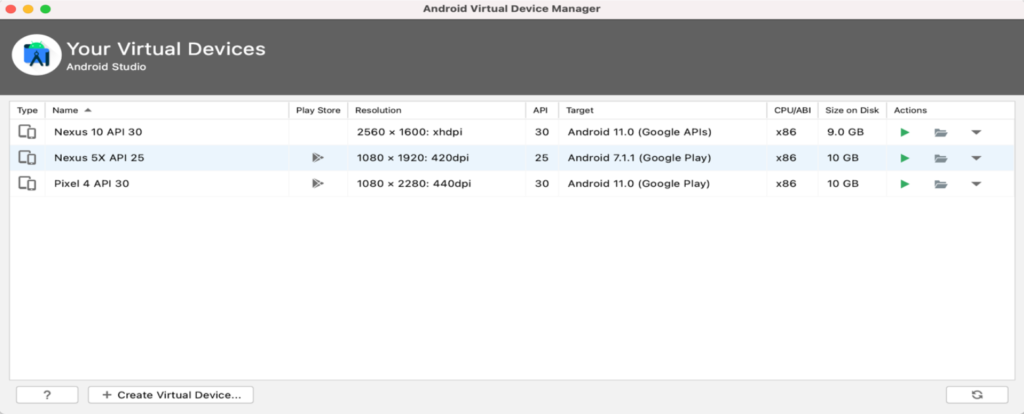 Choosing a virtual device for the Android Studio emulator