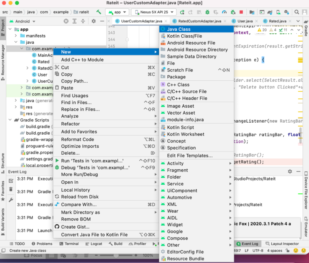 Adding new Java classes to an Android Studio project