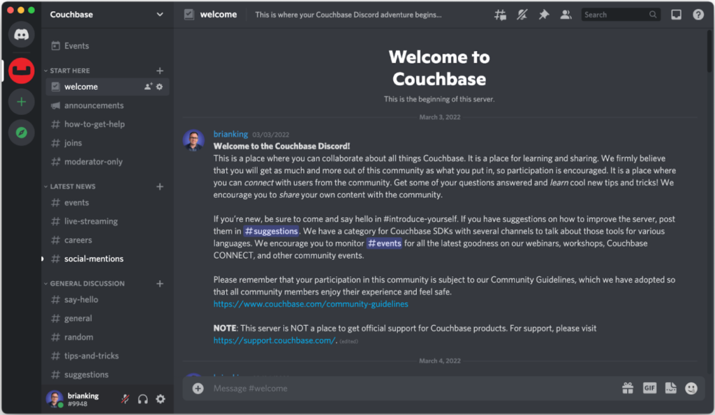 Couchbase on Discord announcement of new NoSQL community channels