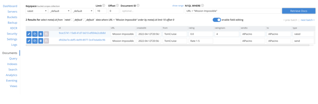 Coucbase Server console showing JSON documents