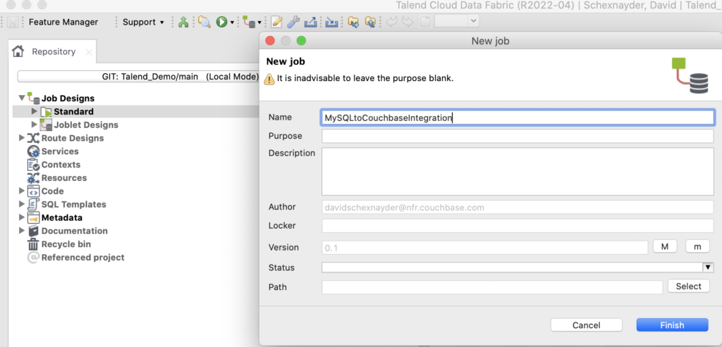 Create new job in Talend for Couchbase integration