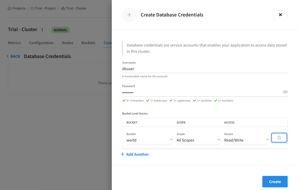Create database credentials couchbase cloud