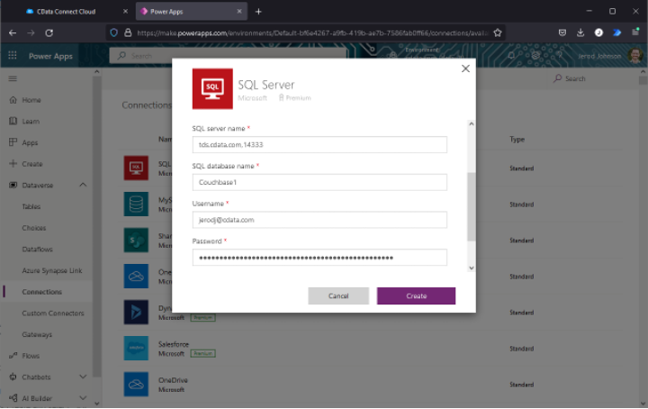 SQL Server connector in Power Apps to integrate Couchbase