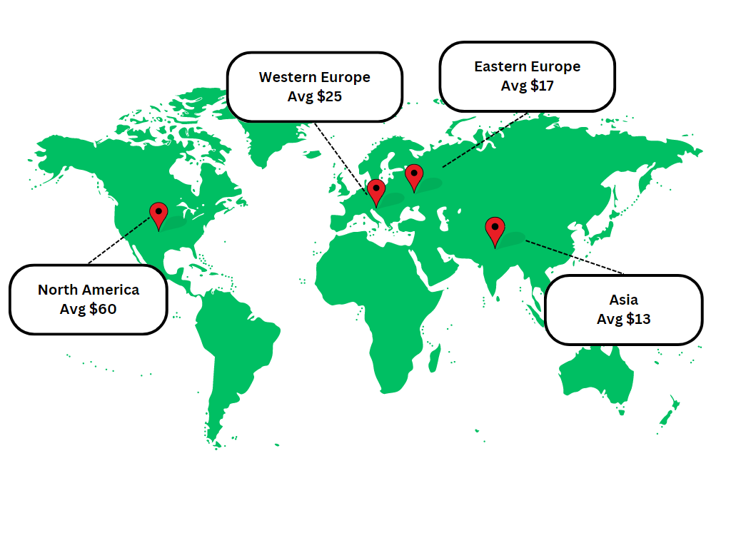 Map showing average app dev costs by continent