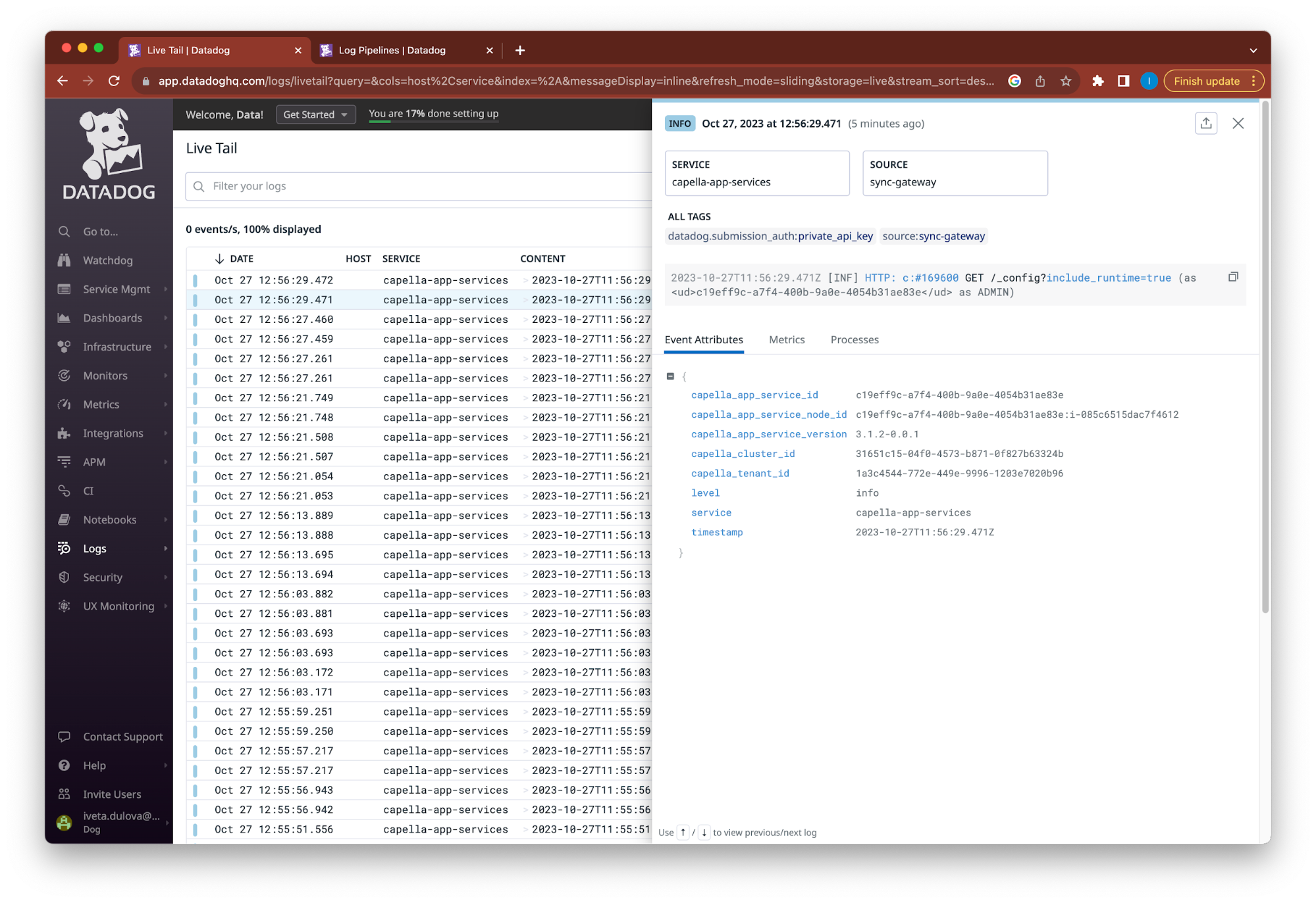 Capella App Services Realtime Log Streaming to Datadog The