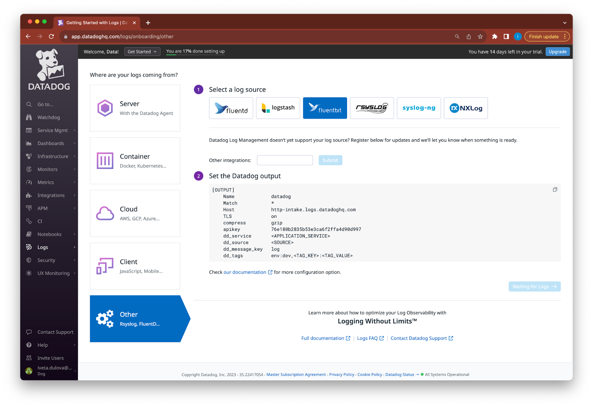 Capella App Services Realtime Log Streaming to Datadog The