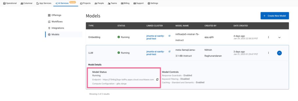 AI model listing with status and model URL