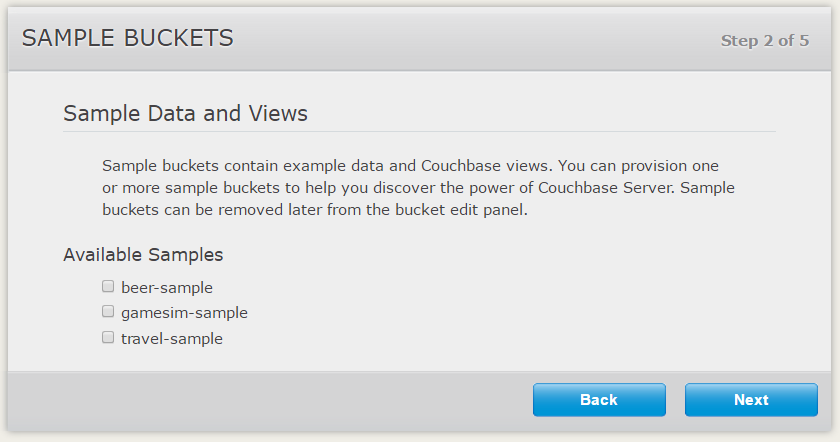 Couchbase Server Setup Wizard Sample Buckets