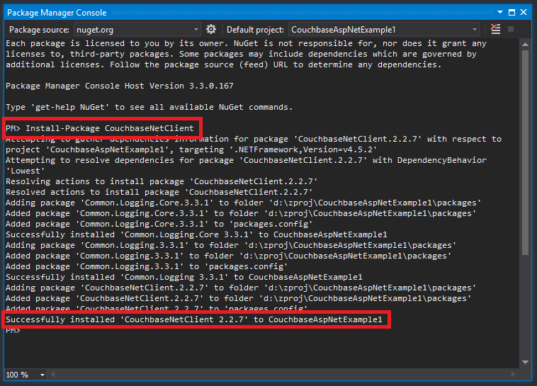 NuGet Package Manager Console for installing CouchbaseNetClient