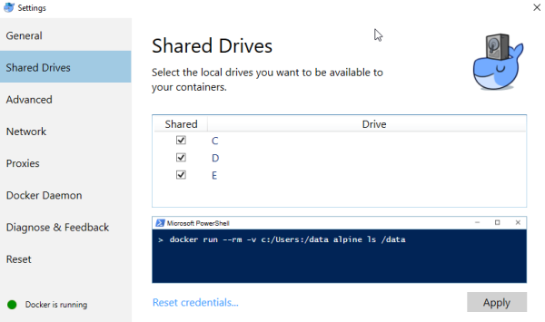 Enable shared drives in Docker for Windows