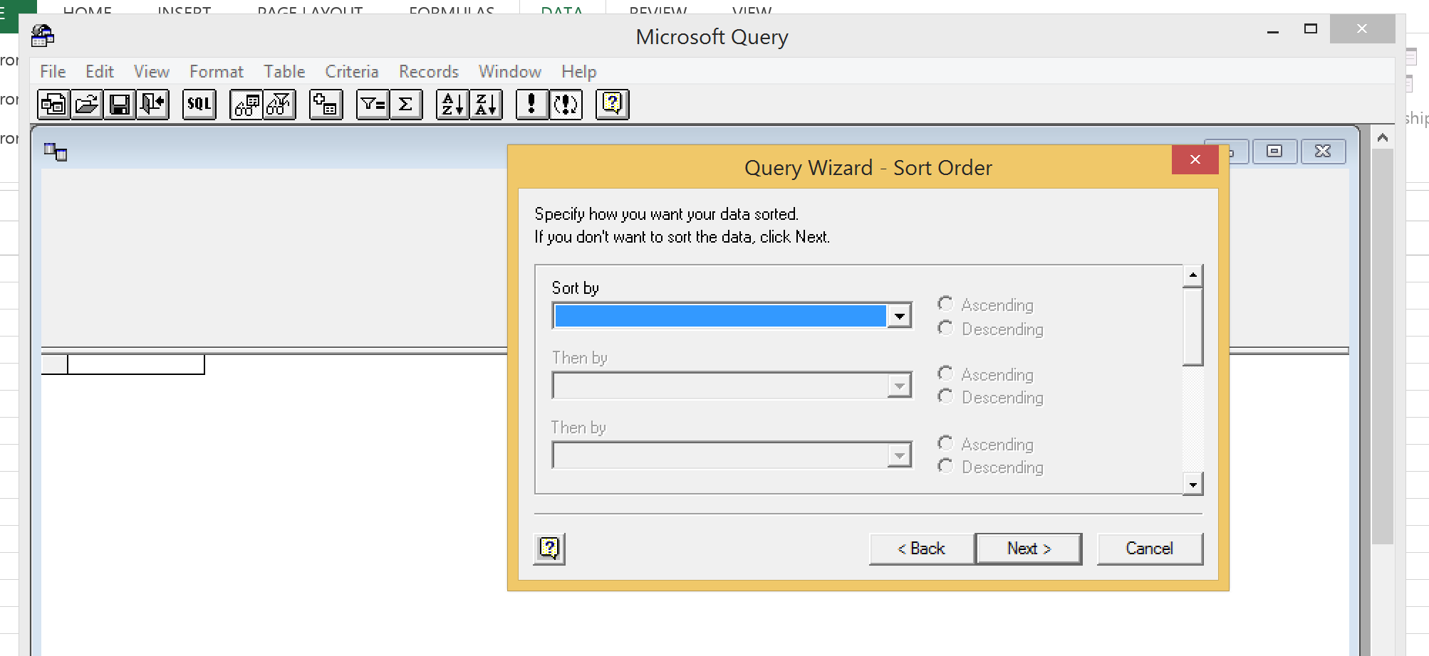 ODBC Excel Sort Data - Windows